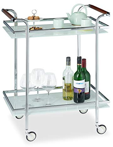Relaxdays Servierwagen Milchglas, Servicewagen, Teewagen, mit 2 Ablagen, offen, Deluxe Rollen, HBT 85x66x43 cm, Silber
