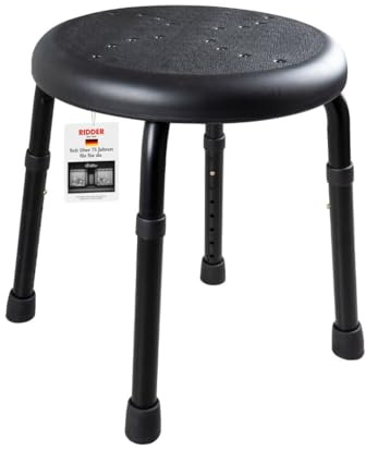 RIDDER – Bad-Hocker Go, Ø 50x34,9-52,5cm, schwarz, Aluminium/PE/TPR | Höhenverstellbarer Duschhocker mit rutschhemmender Sitzfläche. Stabiler Badehocker | Belastbar bis 150kg