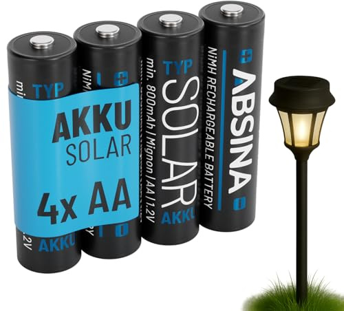 ABSINA 4X Solar Akku AA wiederaufladbar 800mAh 1.2V NiMH - Aufladbare Batterien AA für Solarleuchte - Solarbatterie, AA Akku für Solarlampen, Akkus AA, Wiederaufladbare Batterien AA