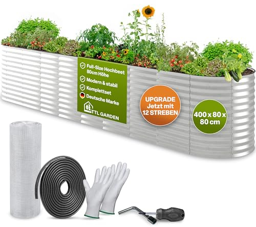 TTL GARDEN 400x80x80cm Spirit XXL Metall Hochbeet Silber - Stahl rostfrei verzinkt Wellblech ovale Form extra groß stabil & wetterfest Garten Beet für Gemüse Kräuter Blumen Gartenbeet Gemüsebeet