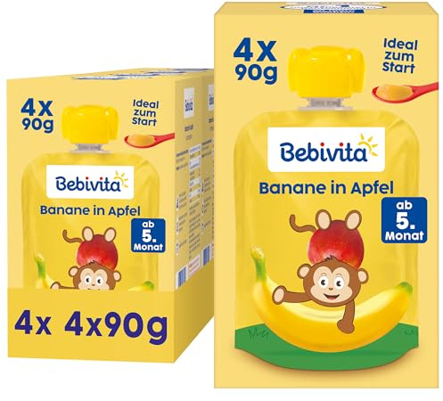 Bebivita Banane in Apfel Quetschie – 16 Stück (4er Pack, je 4 x 90g), ohne Zuckerzusatz, glutenfrei, ideal für Babys ab 5. Monat, perfekt für unterwegs