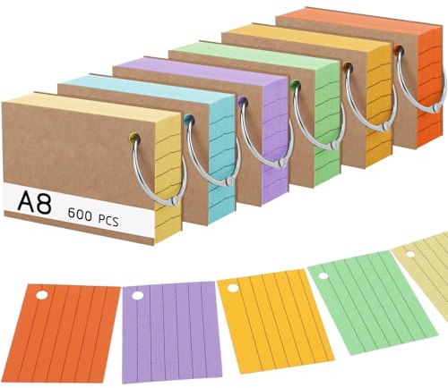 600 Stücke Karteikarten, A8 Linierte Lernkarten mit Krafteinband und Loseblattring, 150g/m² Lernkarten in 6 Farben für Vokabel Lernen, Schule, Büro, Zuhause(7.4 x 5.2 cm)