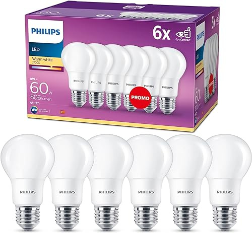 PHILIPS LED Classic E27 Lampen 6-er Pack (60 W), matte LED Lampen mit warmweißem Licht, energiesparende Lampen mit langer Nutzlebensdauer, alte Generation