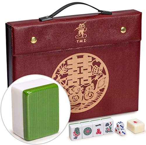 YMI Rouge Heritage Chinesisches Mahjong-Set, 146 Steine | 146 gravierte Melaminsteine mit grünen Bambusstreifen, roter Vinylkoffer, Würfel und Windanzeiger; 4,3 kg. Nur Chinesisch.