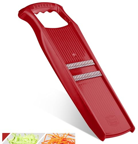 Börner Roko PowerLine Gemüseschneider • Streifenschneider für Obst & Gemüse • Julienne Schneider für feine Streifen • Gemüsehobel fein • Küchenhobel • Reibe (Rot)