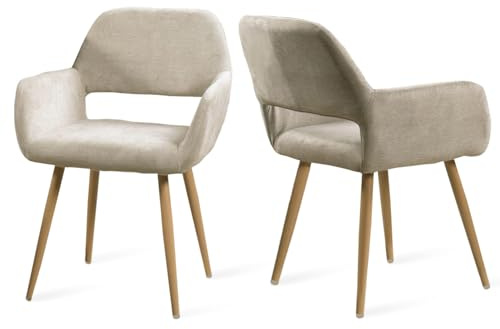 MEUBLE COSY Esszimmerstuhl 2er Stück Küchenstuhl Polsterstuhl Wohnzimmerstuhl Sessel mit Armlehne, Sitzfläche aus Stoff, Metallbeine, Beige, 56x56x78cm