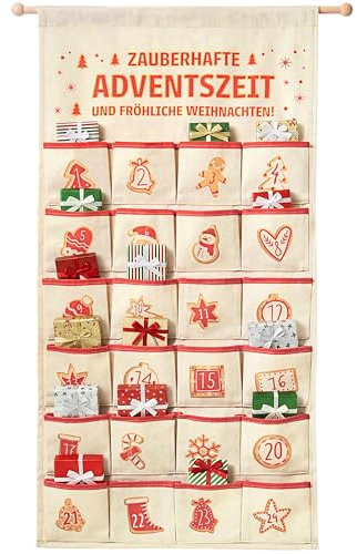 EDELHAUS® Adventskalender zum Befüllen Hängend 2025 - Wandkalender Stoff 100x50cm 24 große Taschen (11x11cm) Weihnachtskalender zum Aufhängen Wiederverwendbar, Weihnachtsdeko Wand Tür (OHNE SCHNUR)