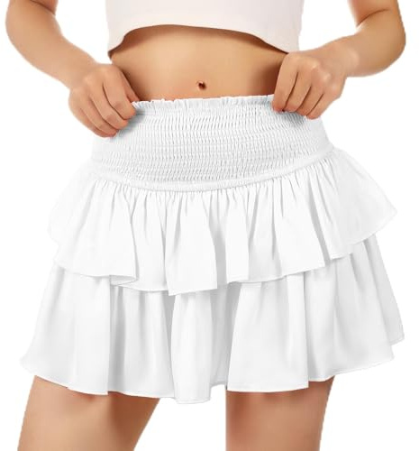 Waist Wow Damen Minirock mit Kurzer Hose - Hohe Taille Sexy Rock mit Rüschen, Lässiger Satin Rock für Sport Party Strand, Reines Weiß, XS