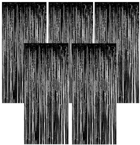 Torytoe Lametta Vorhang Schwarz, Metallische Glitzervorhang Lametta | Wiederverwendbar fur Geburtstagsdeko Abschlussfeier Hochzeit Festivals Bühnendekor Weihnachten Disco Party Deko , 5pcs, 1x2M