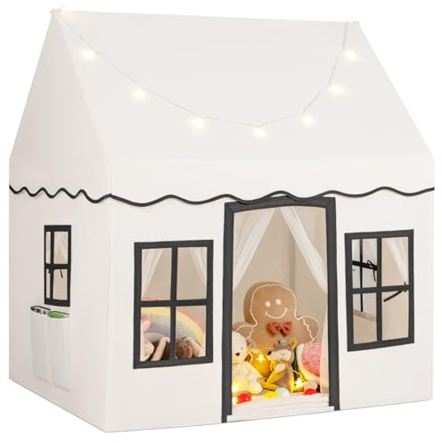 COSTWAY Kinderspielhaus mit Sternenlichtern, Prinzessin Prinzess Kinderzelt mit Fenstern & Netzvorhängen, Kinderspielzelt Spielzelt Spielhaus für Jungen und Mädchen (Beige)