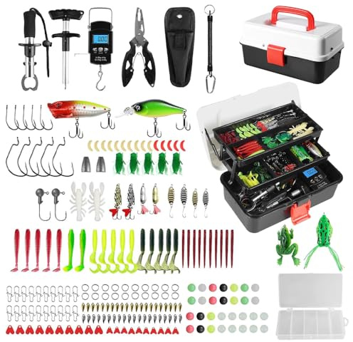 213 PCS Angelzubehör Set mit Lippenclips, Angelwaage，Hakenentferner, Haken, Angelköder etc,Angelkasten Set für Barsch und Forellen, 3-Regal Angelkoffer mit Zubehör für Kinder Erwachsene Anfänger
