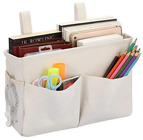 IGNPION Canvas Bettkasten Betttaschen Körbe Hängend Verstellbares Band Schlafsaal Bett Organizer Caddy Mehrzweck-Hängetasche (Weiß)