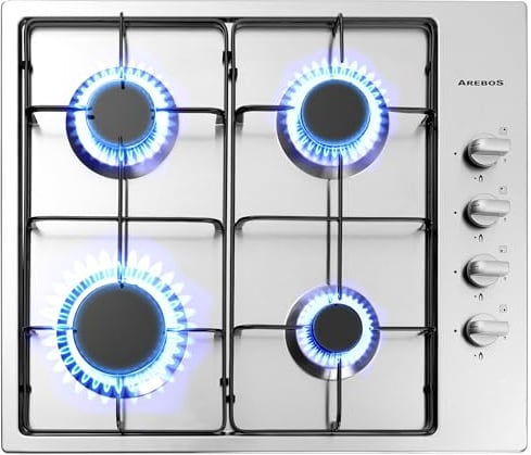 Arebos Gaskochfeld 4 Flammig | 58 cm Edelstahl Gasherd mit automatischem Flammenschutz | Erd- oder Propangas | Gaskocher Autark, effizient und energiesparend