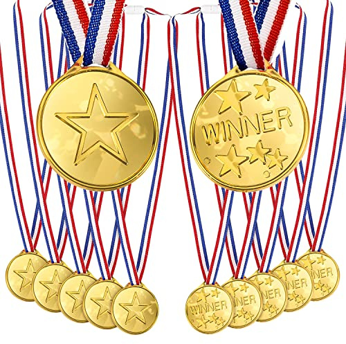 OWill 12 Stücke Set Gold Kunststoff Medaillen Kinder, Sportauszeichnung, Wettbewerb und Kindergeburtstag Medaillen Party Preisen Auszeichnungen