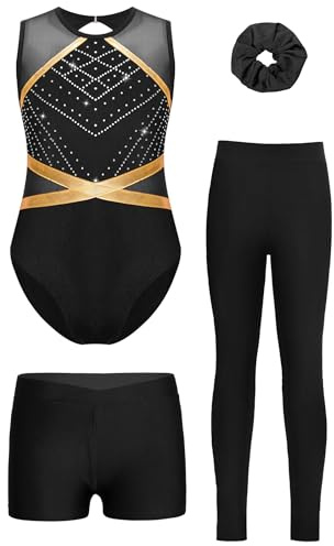 Miutii 4tlg.Mädchen Turnanzug Glitzer Gymnastikanzug mit Shorts Hose und Haargummi Ärmellos Ballettanzug Gymnastik Leotard Eislaufen Tanzkostüm C Schwarz 134-140