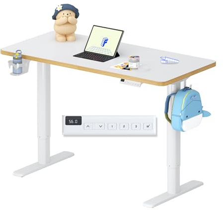 FLEXISPOT Kinderschreibtisch höhenverstellbar elektrisch 110 × 52 cm, Weiß | Mit LED-Höhenanzeige, 3 Speicherplätzen, Becherhalter & Haken, ergonomischer, pflegeleichter Tischplatte & einfacher Montage