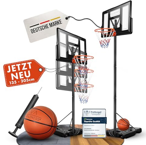 VALENESS® Basketballkorb Outdoor - [135 bis 305 cm] Höhenverstellbarer und Wetterfester Ständer - Profi Korb Mit Basketball und Pumpe für Kinder und Erwachsene