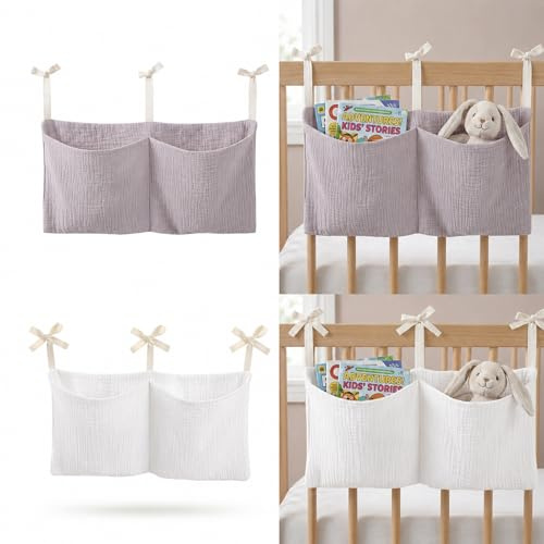 FAYAHAR 2 Stück Babybett Organizer, Beistellbett Organizer zum Einhängen | Verstellbarer Bett Organizer zum Einhängen, mit 2 Aufbewahrungstaschen, für Babybett Beistellbett, 38 x 18 cm