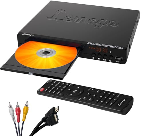 Lemega PlayHD DVD Player,Multi-Region DVD-Player ohne Regionalcode mit HDMI-Ausgang&1080p-Upscaling,USB/CD-Wiedergabe,RCA/AUX-Anschlüssen,Kompaktes Design für TV&Smart-TV,HDMI-Kabel inklusive (PlayHD)