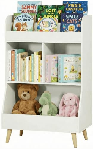 MAMIZO Kinderregal,Bücherregal Kinder,Spielzeugregal,Kinderzimmerregal,Spielzeug Aufbewahrung,Montessori Bücherregal,Kinderbücherregal,mit 2 Ablagefächern,3 offenen Fächern,Weiß