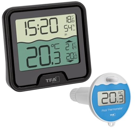 TFA Dostmann Digital Funk Poolthermometer Marbella, 30.3066.01, schwimmend, leicht ablesbar, für Schwimmbad, Teich, Eisbad, Wassertemperatur, inkl Temperatur Wassersender, Funkuhr, schwarz