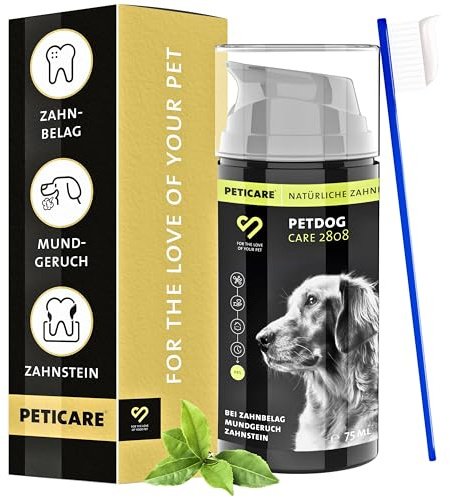 Peticare® Hunde Zahnpasta (75 ml) – Natürliche Hundezahnpasta gegen Zahnstein & Mundgeruch – Sanfte Zahnpflege für Hunde & Welpen aller Rassen – langanhaltende Wirkung – inkl. Zahnbürste