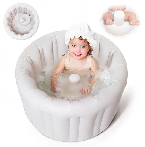 Aufblasbare Babybadewanne mit schnellem Abfluss und weichem Stützsitz – platzsparendes rundes Design, geeignet für Babys ab 6 Monaten, tragbare Babybadewanne, die im Gebrauch platzsparend ist.