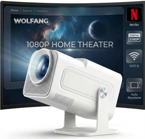 WOLFANG 4K Mini Beamer mit Offiziellem Netflix, 26000 Lumen WiFi 6 Smart Projektor mit 50% Zoom & Trapezkorrektur, 180° Drehbarer Heimkino Beamer Kompatibel mit TV Stick/iOS/Android/PC/PS5/HDMI/AV