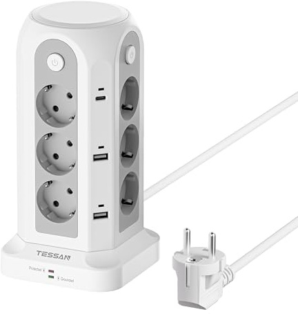 TESSAN 12 Fach Mehrfachsteckdose mit USB C, Steckdosenleiste mit 4 Einzelnen Schalter, Verlängerungskabel 2M Verteilersteckdose, Mehrfachsteckdose mit Überspannungsschutz, Steckdosenturm Weiß