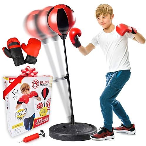 Whoobli Kinder Boxsack mit Boxhandschuhen | Verstellbarer Boxsack für Kinder von 3-10 Jahren mit Basis | Boxsack-Set für Jungen und Mädchen (Rot Schwarz)