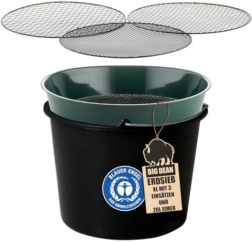 BigDean Gartensieb Metall Ø 37cm + Eimer Maschenweiten 6,4 & 9,5 & 12,7mm | Erdsieb rund Sandsieb Ø 37 cm Höhe 8 cm, Garten Sieb Steinsieb Kompostsieb Sieb für Erde, 20 Liter Eimer robust & wetterfest