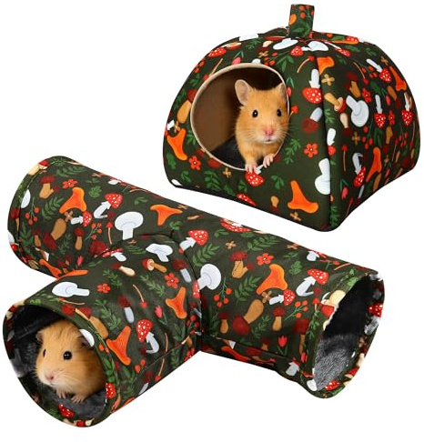Meerschweinchenhaus & 3-Tunnel Set - Kuschelhaus & Spielzeug Meerschweinchen Bett Zubehör Versteck Hamsterbett für Kaninchen, Meerschweinchen, Frettchen, Chinchillas und andere Kleintiere