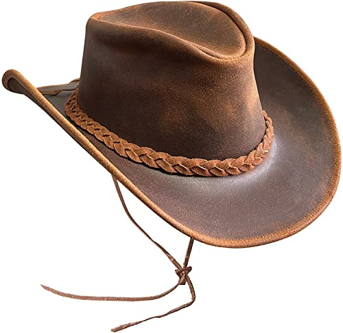 BRANDSLOCK Australischer Lederhut mit geflochtenem Band Original Cowboy Australischer Buschhut (L, Braun)