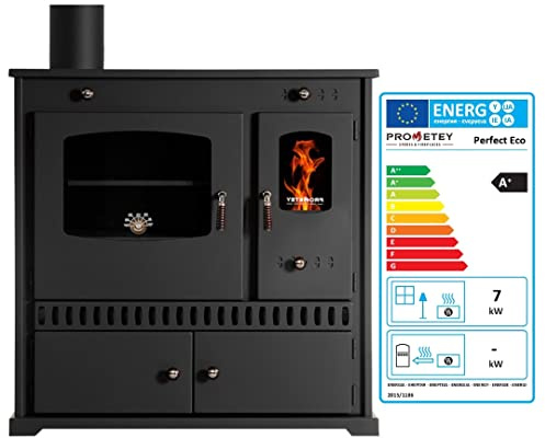 Prometey EEK A+ Kaminofen mit Backfach und Herdplatte Perfect Eco Schwarz Rechts Holzofen 7 kW Kamin Ofen Holz Werkstattofen Hüttenofen Heizofen Gartenofen, L