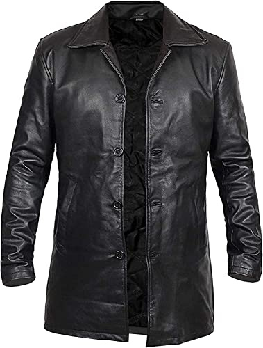 Herren Ledermantel, Echtleder, langer Mantel, klassischer Blazer, Schwarz