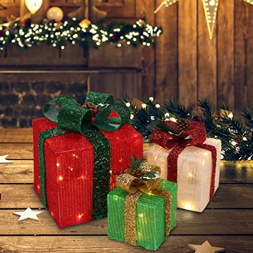 LEADZM Weihnachtsdeko Geschenke - 3er Set - LED geschenkbox Weihnachten-warm weiß beleuchtet - Batterie betrieben - für Christbaumschmuck (rot, grün und weiß)