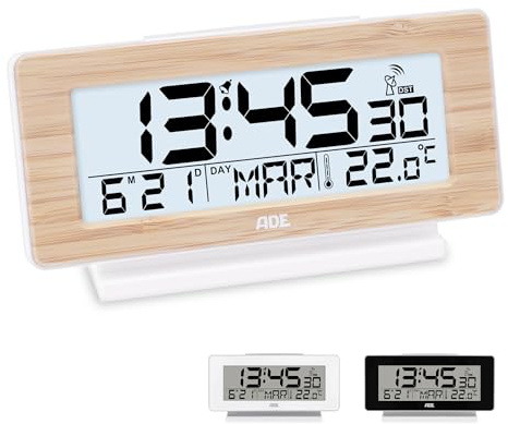 ADE Funkwecker digital mit Batterie | Tischuhr mit Temperaturanzeige und Kalender | Gehäusefront aus echtem Bambus | LCD-Display mit Beleuchtung auf Knopfdruck