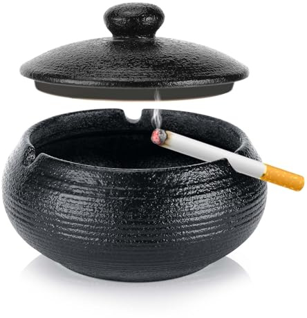 Collazoey Aschenbecher, Aschenbecher für den Außenbereich, Keramik mit Deckel, Schwarz Retro Keramik, geeignet für zu Hause, Büro, Schreibtisch, Terrasse, Balkon im Freien