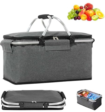 Einkaufskorb Faltbar 18L, große Isolierkorb Picknickkorb, Thermo Einkaufskorb, mit Deckel, Reißverschluss und Tragegriffen, für Camping, Strand, Picknick, Grau
