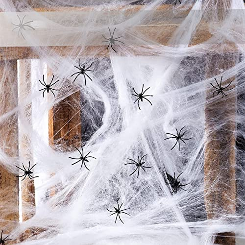 Spinnennetz Halloween, Spinnennetz Deko mit 300g Spinnennetz und 50 Spinnen, Deko für Indoor Tischdekoration Party Tür und Fenster Karneval Garten Horror Deko Outdoor