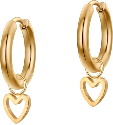 day.berlin Damen Creolen Gia, Ø 14mm mit Herz Anhänger 5mm, 18K vergoldet | Kleine Ohrringe 2,5mm stark mit Herzanhänger aus 316L Edelstahl, nickelfrei und wasserfest