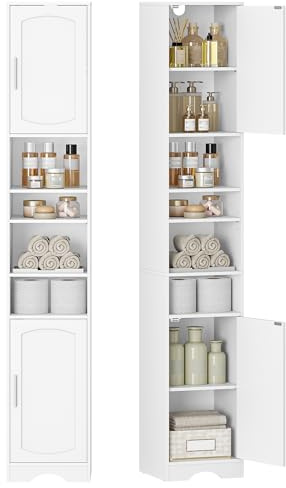 HEXCELEN Badezimmerschrank, Hochschrank Badezimmer 30 × 30 ×180 cm Weiß | Badschrank Schmal Hoch mit Offenen Fach und Tür, Verstellbaren Ablagen, Platzsparender Badregal, Badmöbel, Modern