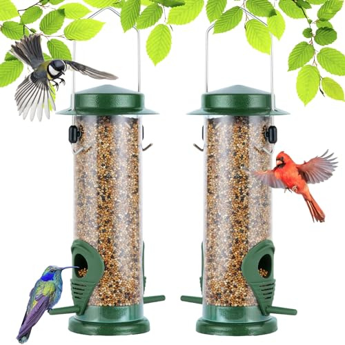 Urban Deco Vogelfutterspender mit 2 Futteröffnungen, Vogelfutterhaus mit 21,5 cm Massivem Transparentrohr, Metall Futterhaus für Vögel (Grün-2PK)