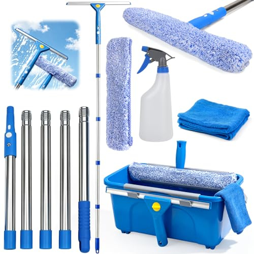 ddLUCK Fensterputzer Set mit Eimer & Reinigungsset für Hohe Fenster Putzen | Fensterreiniger mit 2M langem Griff, Silikon Fensterabzieher, 2 Mikrofaser Fensterwischer, Sprühflasche, Tuch und Handbuch