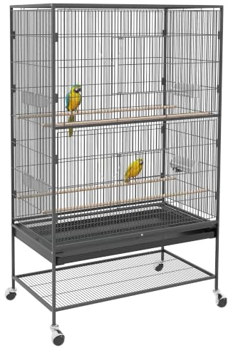 PawHut Vogelkäfig mit 2 Türen Rollen für Kleine Vögel 94 x 57 x 153 cm Grau | Vogelvoliere, 4 Sitzstangen, Futternapf, Herausnehmbares Tablett, Stahl Vogelhaus, Für Wellensittiche
