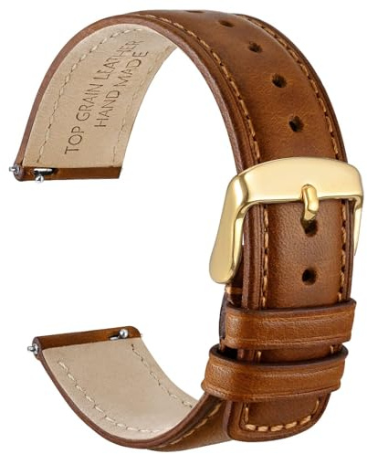 WOCCI 18mm Uhrenarmband für Herren und Damen, Echtes Leder - Top Genarbtes Leder, Schnellverschluss, Goldene Schnalle (Goldbraun)