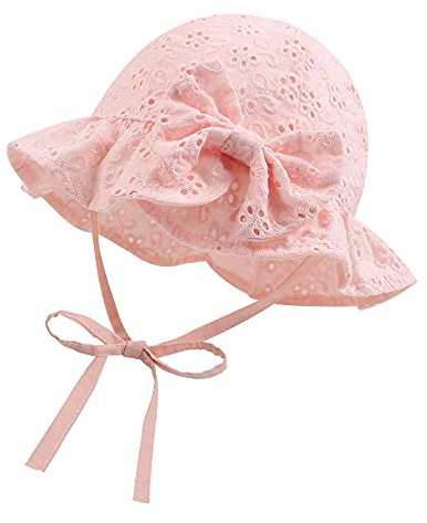 XIAOHAWANG Sommerhut Baby Mädchen Sonnenhut Mütze Baby Sommer Mützen Baumwolle Mit Schleife und Bindebändern(Rosa, 46cm(3-6 Monate))