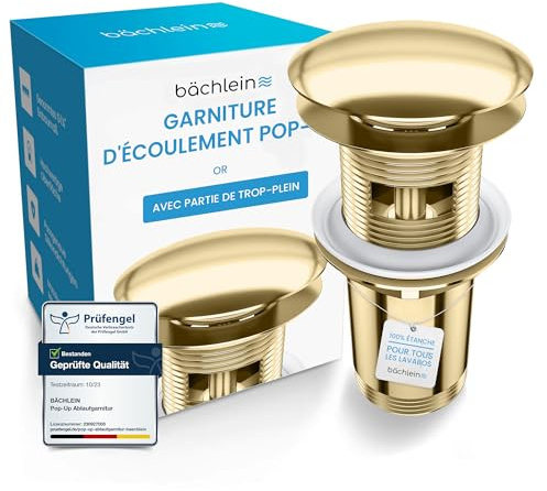 Bächlein Universal Ablaufgarnitur mit Überlauf (Gold) - Pop Up Ventil für Waschbecken und Waschtisch – Ablaufventil Abflussgarnitur aus Messing mit Einbauanleitung