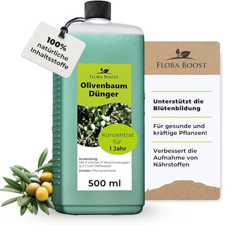 Flora Boost Olivenbaum Dünger 500ml, Flüssigdünger mit Langzeitwirkung | 100% natürlicher Pflanzendünger für bis zu 100L Gießwasser. Langzeitdünger für verbesserte Blütenbildung,