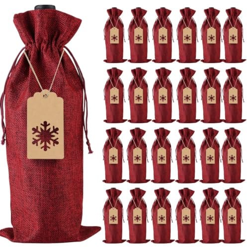 24 Stück Jute-Geschenktüten mit Kordelzug für Weinflaschen, mit Anhänger und Seilen für Weihnachten, Hochzeit, Reisen, Geburtstag, Urlaubsparty